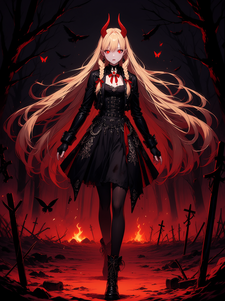 beautiful demon vampire princess, blonde hair, very long twin braids, silky flowing hair, glowing red eyes, elegant crimson demon horns, pale porcelain skin, small vampire fangs, calm confident expression, standing inside the Entity's Fog, surrounded by thick black mist, looking directly at the viewer, gothic royal posture wearing an elegant dark gothic outfit inspired by Dead by Daylight survivors, black leather jacket with ivory details, crimson ribbons, black corset, tactical belt, fingerless gloves, black stockings, worn boots, ruby jewelry, crescent moon earrings, butterfly brooch, luxurious but practical clothing, subtle battle damage, dirt and scratches on clothing abandoned forest at night, broken generators, sacrificial hooks, burning campfire in the distance, crows flying overhead, dead trees, thick fog, floating embers, crimson butterflies, black butterflies, Entity tendrils emerging from the darkness, eerie atmosphere, cinematic horror lighting, dark fantasy aesthetic cinematic composition, painterly anime illustration, textured painting, expressive brush strokes, fantasy horror artwork, rich crimson and black color palette, moody lighting, volumetric fog, dramatic rim lighting, soft bloom, high contrast, intricate embroidery, ornate accessories, hair strands, highly face, glowing eyes, absurdres, ultra 8k, official key art style