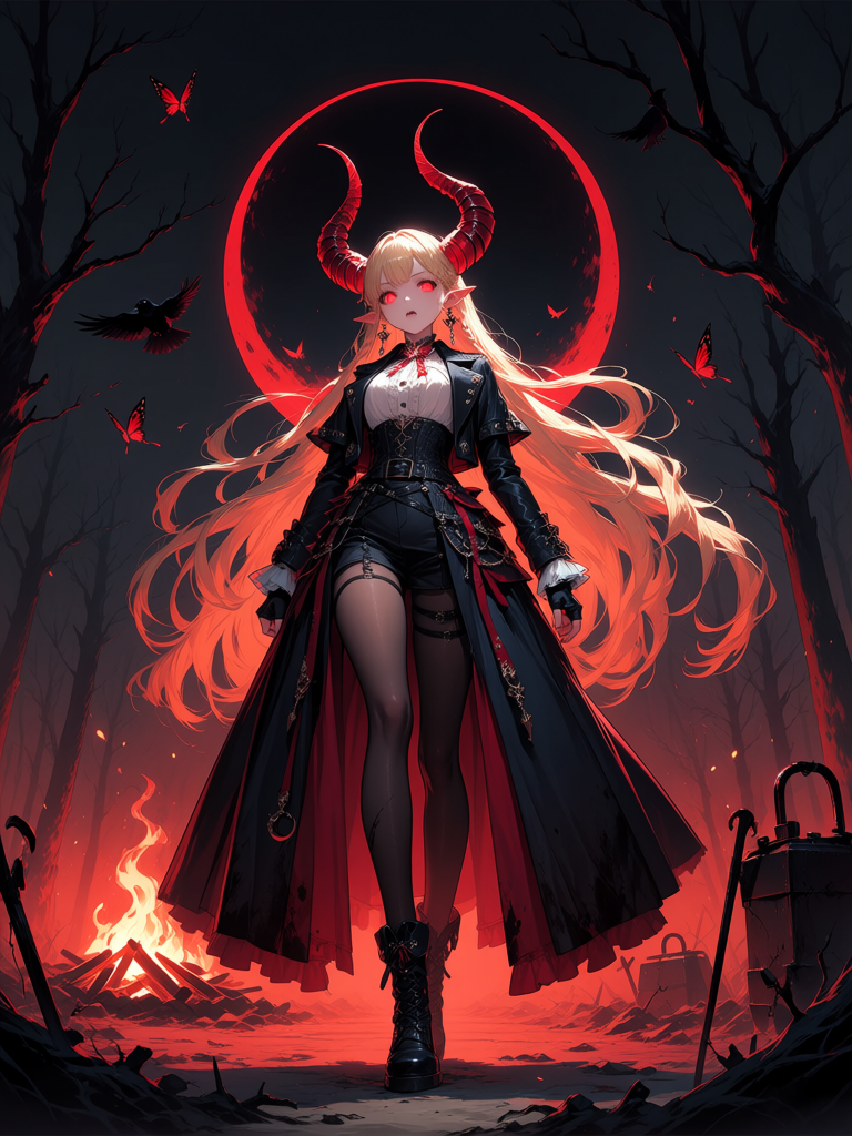beautiful demon vampire princess, blonde hair, very long twin braids, silky flowing hair, glowing red eyes, elegant crimson demon horns, pale porcelain skin, small vampire fangs, calm confident expression, standing inside the Entity's Fog, surrounded by thick black mist, looking directly at the viewer, gothic royal posture wearing an elegant dark gothic outfit inspired by Dead by Daylight survivors, black leather jacket with ivory details, crimson ribbons, black corset, tactical belt, fingerless gloves, black stockings, worn boots, ruby jewelry, crescent moon earrings, butterfly brooch, luxurious but practical clothing, subtle battle damage, dirt and scratches on clothing abandoned forest at night, broken generators, sacrificial hooks, burning campfire in the distance, crows flying overhead, dead trees, thick fog, floating embers, crimson butterflies, black butterflies, Entity tendrils emerging from the darkness, eerie atmosphere, cinematic horror lighting, dark fantasy aesthetic cinematic composition, painterly anime illustration, textured painting, expressive brush strokes, fantasy horror artwork, rich crimson and black color palette, moody lighting, volumetric fog, dramatic rim lighting, soft bloom, high contrast, intricate embroidery, ornate accessories, hair strands, highly face, glowing eyes, absurdres, ultra 8k, official key art style