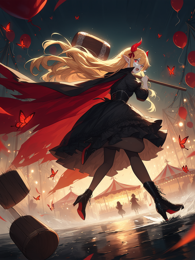 beautiful demon vampire princess Morgana, young adult woman, long luxurious golden-blonde hair styled into two enormous thick twin braids tied with crimson satin ribbons, silky voluminous hair flowing behind her, elegant glossy crimson demon horns, glowing crimson red eyes, pale porcelain skin, delicate elf ears, small vampire fangs, frightened but determined expression, looking back over her shoulder while running wearing a luxurious gothic dress in black, ivory and crimson, elegant corset, black velvet, ivory silk, crimson ribbons, intricate lace, ruby jewelry, thigh-high black stockings, gothic high-heeled boots, flowing cape, realistic fabric movement running through a dark abandoned carnival at night, old circus tents, broken merry-go-round, flickering carnival lights, dense fog, muddy ground, scattered balloons, fallen circus props, dramatic rain puddles, eerie atmosphere behind her, a terrifying clown killer chasing her, sinister smile, tattered Victorian clown costume in faded red, black and white, cracked porcelain clown mask, holding a large wooden mallet over one shoulder, distorted silhouette emerging through the fog, illuminated only by flickering carnival lights dynamic action scene, low camera angle, motion blur on hair and clothing, dramatic perspective, cinematic chase sequence, glowing crimson butterflies flying around Morgana, sparks, dust, floating embers, strong sense of speed and urgency anime illustration, painterly anime style, official anime key visual, premium illustration, absurdres, ultra cinematic composition, dramatic lighting, volumetric fog, rim lighting, soft bloom, depth of field, crystal clear anime eyes, hair strands, intricate fabric folds, fantasy horror atmosphere, 8k