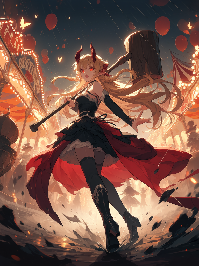 beautiful demon vampire princess Morgana, young adult woman, long luxurious golden-blonde hair styled into two enormous thick twin braids tied with crimson satin ribbons, silky voluminous hair flowing behind her, elegant glossy crimson demon horns, glowing crimson red eyes, pale porcelain skin, delicate elf ears, small vampire fangs, frightened but determined expression, looking back over her shoulder while running wearing a luxurious gothic dress in black, ivory and crimson, elegant corset, black velvet, ivory silk, crimson ribbons, intricate lace, ruby jewelry, thigh-high black stockings, gothic high-heeled boots, flowing cape, realistic fabric movement running through a dark abandoned carnival at night, old circus tents, broken merry-go-round, flickering carnival lights, dense fog, muddy ground, scattered balloons, fallen circus props, dramatic rain puddles, eerie atmosphere behind her, a terrifying clown killer chasing her, sinister smile, tattered Victorian clown costume in faded red, black and white, cracked porcelain clown mask, holding a large wooden mallet over one shoulder, distorted silhouette emerging through the fog, illuminated only by flickering carnival lights dynamic action scene, low camera angle, motion blur on hair and clothing, dramatic perspective, cinematic chase sequence, glowing crimson butterflies flying around Morgana, sparks, dust, floating embers, strong sense of speed and urgency anime illustration, painterly anime style, official anime key visual, premium illustration, absurdres, ultra cinematic composition, dramatic lighting, volumetric fog, rim lighting, soft bloom, depth of field, crystal clear anime eyes, hair strands, intricate fabric folds, fantasy horror atmosphere, 8k