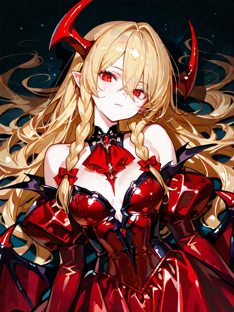 beautiful demon vampire princess Morgana, young adult woman, long luxurious golden-blonde hair styled into two enormous thick twin braids tied with crimson satin ribbons, silky voluminous hair, elegant glossy crimson demon horns, glowing crimson red eyes, pale porcelain skin, delicate elf ears, tiny vampire fangs, calm mysterious expression, graceful anime face, long eyelashes Morgana standing in the center of an enormous ancient magical library, surrounded by towering bookshelves disappearing into darkness, endless spiral staircases, floating ancient books, hundreds of candles suspended in the air, golden magical symbols glowing between the shelves she is wearing an elegant dark royal librarian outfit, luxurious black velvet dress with ivory and crimson details, high collar, intricate golden embroidery, long flowing sleeves, crimson ribbons, ornate golden belt, ruby jewelry, crescent moon pendant one hand holding an enormous ancient book bound in black leather and decorated with gold, the book floating slightly above her palm, glowing crimson magical symbols emerging from its pages inside the open book, tiny miniature galaxies and constellations are visible instead of normal pages, miniature glowing cities, stars and moons floating between the pages around Morgana, dozens of glowing red butterflies and tiny golden paper birds made from magical pages, floating feathers, golden dust, crimson magical particles behind her stands a gigantic circular stained-glass window shaped like a magical clock, moonlight streaming through it, deep crimson and golden illumination, dramatic shadows, mysterious dark fantasy atmosphere anime illustration, painterly anime style, elaborate fantasy book illustration, art nouveau ornamentation, premium anime key visual, absurdres, ultra extremely cinematic composition, intricate architecture, books, beautiful lighting, crystal clear crimson eyes, irises, realistic hair strands, intricate embroidery, luxurious fabrics, glowing magical effects, volumetric lighting, dramatic rim lighting, soft bloom, rich black, crimson, ivory and gold color palette, 8k