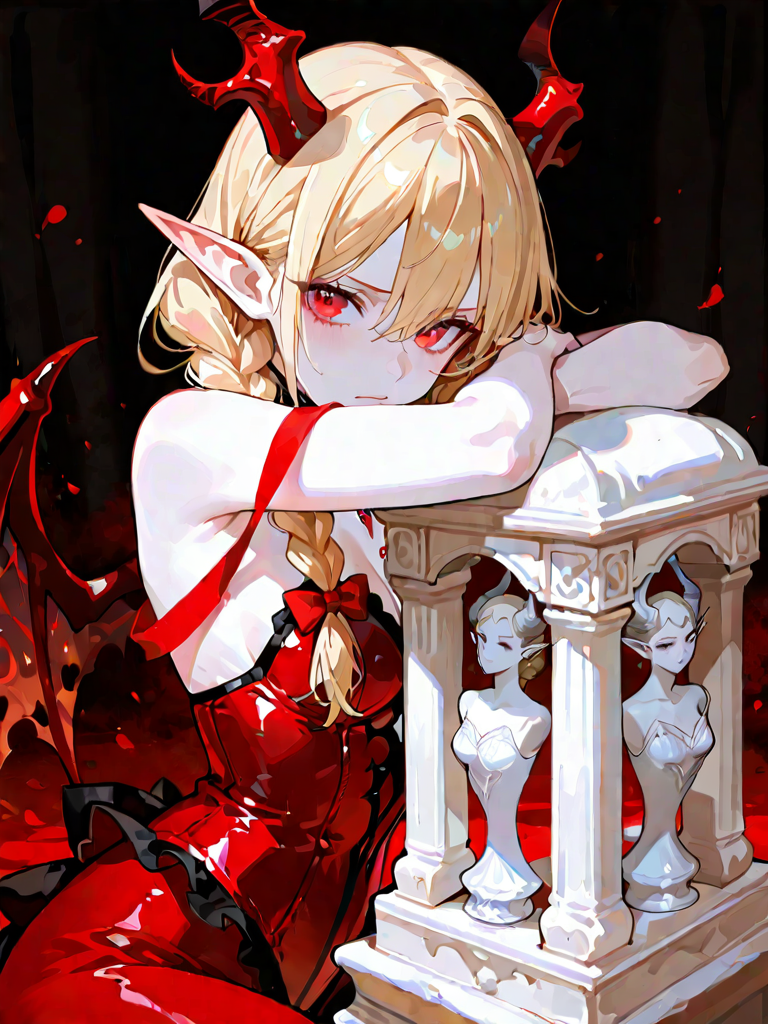 @morgana-izNG beautiful demon vampire princess Morgana, young adult woman, long luxurious golden-blonde hair styled into two enormous thick twin braids tied with crimson satin ribbons, silky voluminous hair, elegant glossy crimson demon horns, glowing crimson red eyes, pale porcelain skin, delicate elf ears, tiny vampire fangs, calm mysterious expression, graceful anime face, long eyelashes Morgana standing in the center of an enormous ancient magical library, surrounded by towering bookshelves disappearing into darkness, endless spiral staircases, floating ancient books, hundreds of candles suspended in the air, golden magical symbols glowing between the shelves she is wearing an elegant dark royal librarian outfit, luxurious black velvet dress with ivory and crimson details, high collar, intricate golden embroidery, long flowing sleeves, crimson ribbons, ornate golden belt, ruby jewelry, crescent moon pendant one hand holding an enormous ancient book bound in black leather and decorated with gold, the book floating slightly above her palm, glowing crimson magical symbols emerging from its pages inside the open book, tiny miniature galaxies and constellations are visible instead of normal pages, miniature glowing cities, stars and moons floating between the pages around Morgana, dozens of glowing red butterflies and tiny golden paper birds made from magical pages, floating feathers, golden dust, crimson magical particles behind her stands a gigantic circular stained-glass window shaped like a magical clock, moonlight streaming through it, deep crimson and golden illumination, dramatic shadows, mysterious dark fantasy atmosphere anime illustration, painterly anime style, elaborate fantasy book illustration, art nouveau ornamentation, premium anime key visual, absurdres, ultra extremely cinematic composition, intricate architecture, books, beautiful lighting, crystal clear crimson eyes, irises, realistic hair strands, intricate embroidery, luxurious fabrics, glowing magical effects, volumetric lighting, dramatic rim lighting, soft bloom, rich black, crimson, ivory and gold color palette, 8k