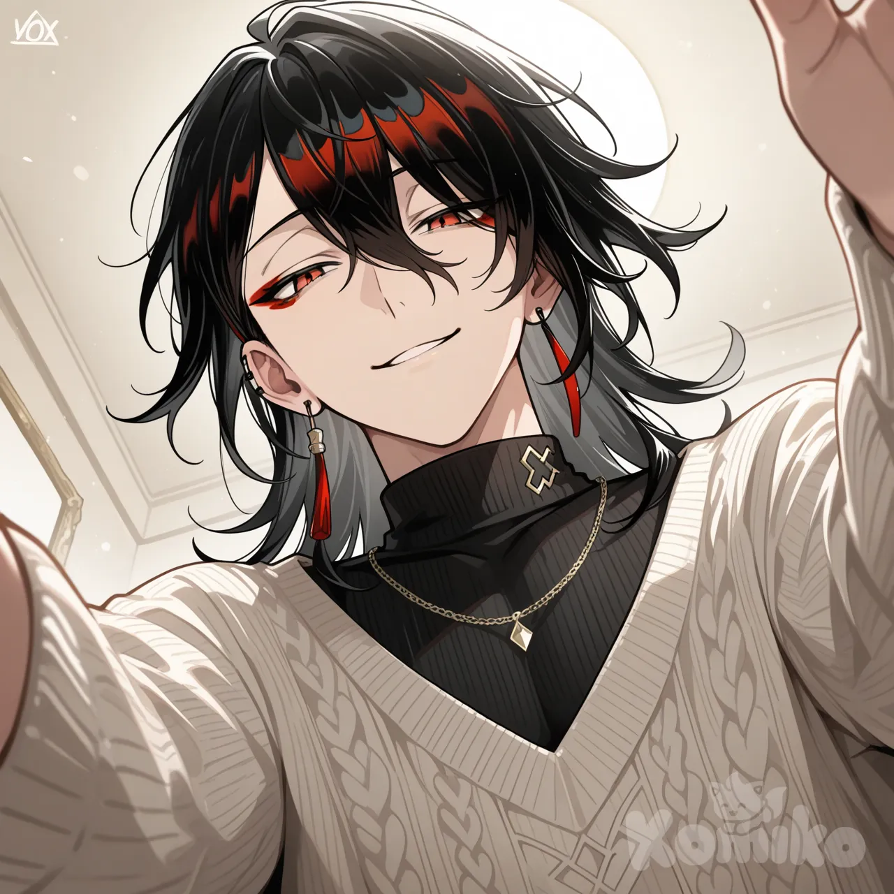 @Vox_Akuma, no horns, wearing a black knitted turtleneck, looking down, reaching out his hand downwards, camera looking up at him, his hand is reached out, his palm facing downwards, slightly naughty smile