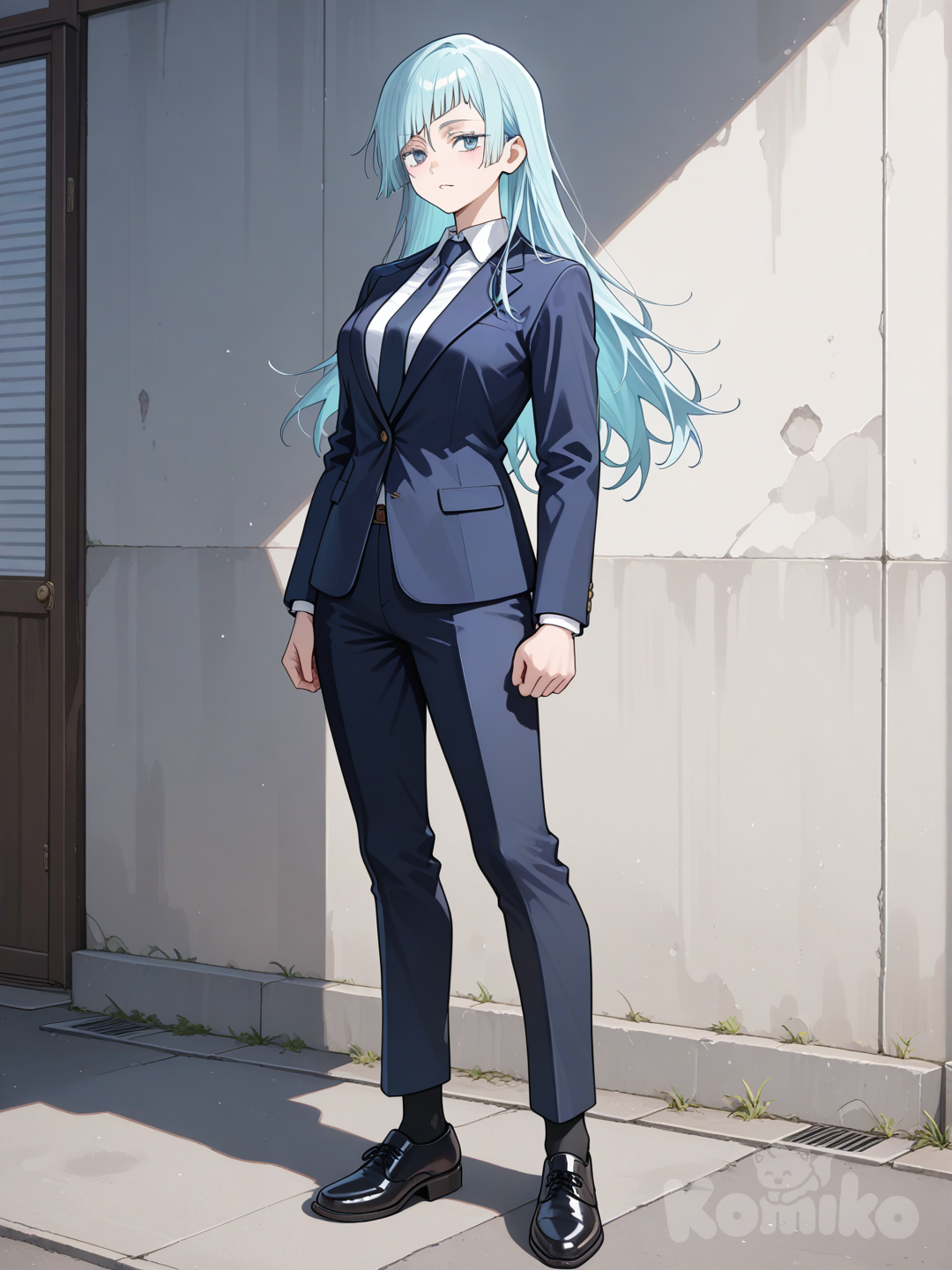 kasumi miwa de jujutsu kaisen, cabello de color claro, que llega hasta la cintura, cabello en su frente está cortado en diagonal y tiene unos mechones en ambos lados de su cara que llegan hasta por debajo de sus ojos, una camisa blanca con corbata,blazer, pantalones, calcetines y zapatos negros