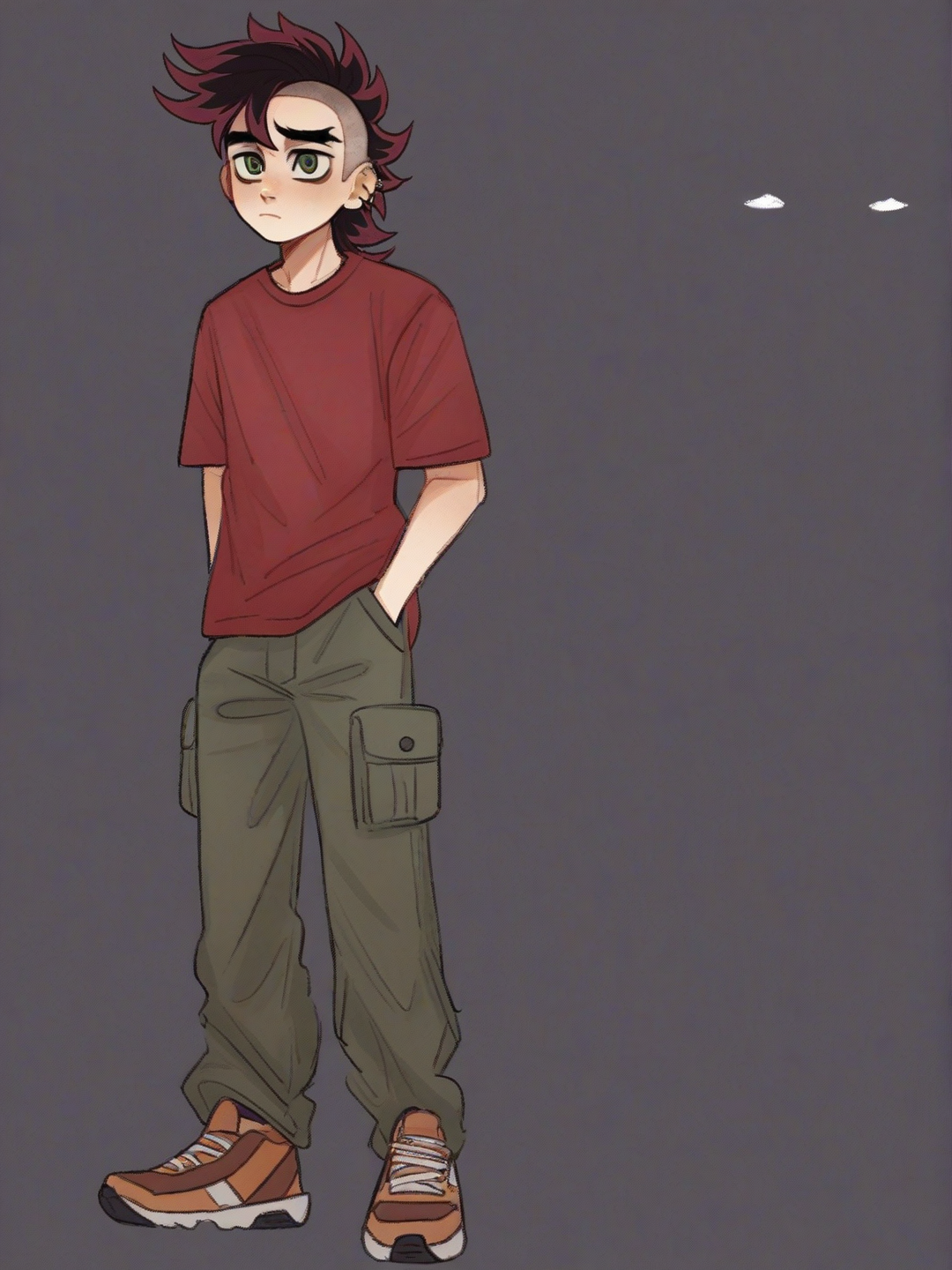 [soft-shaded-moe-style] 1boy, demon_slayer_style, teenager, short, slim_build, stocky, red_hair, green_eyes, t-shirt, cargo_pants, mohawk, single character, full body, looking at viewer, simple background, white background