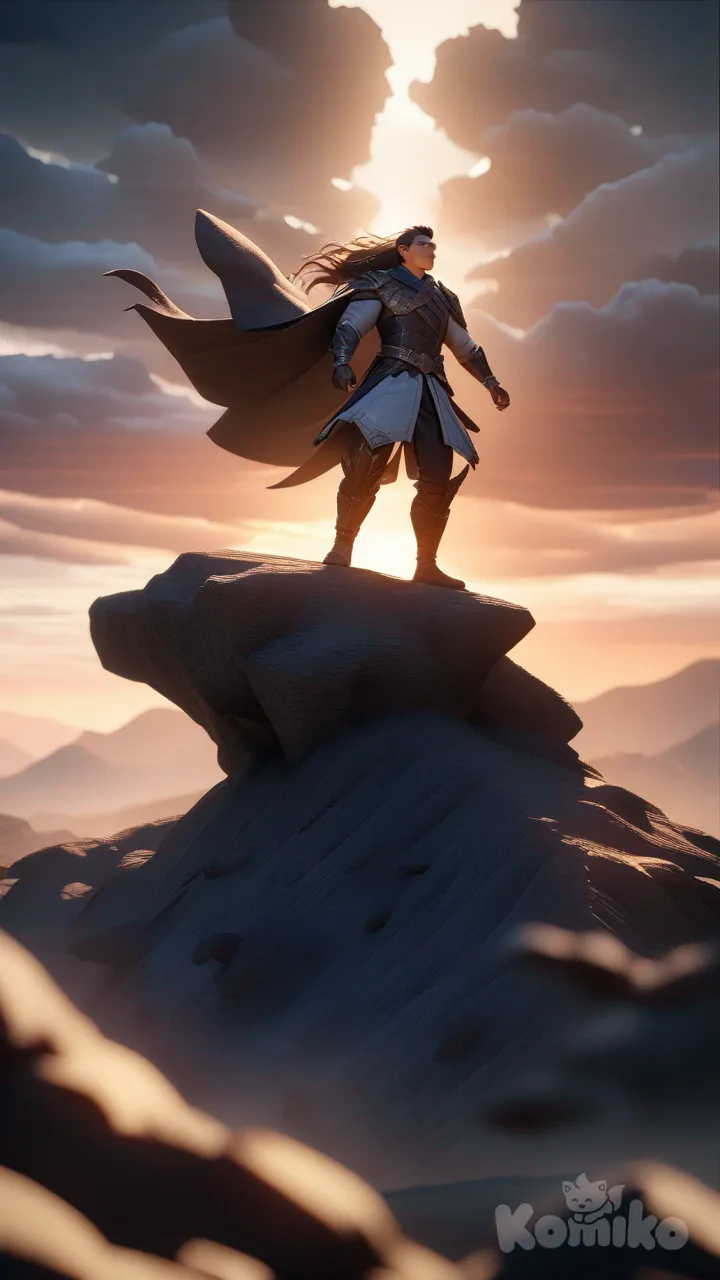 A heroic young man standing on top of a mountain peak at sunrise, surrounded by glowing clouds and magical energy, wearing fantasy adventure clothes, wind blowing through his hair, cinematic lighting, anime-style, epic and powerful atmosphere, 3D cartoon look