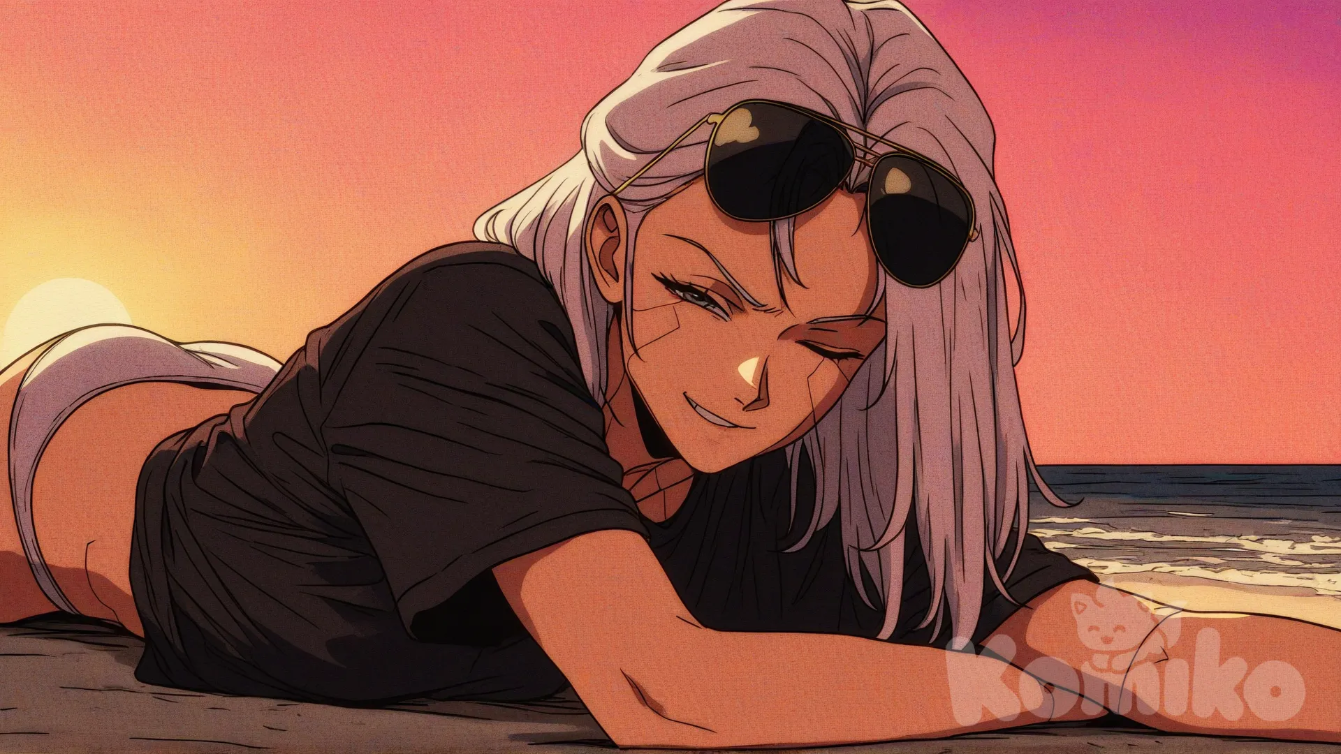 1girl, [action-manga-style], lie on stomache, one eye closed, smirk, t-shirt, knickers, aviator sunglasses, side part, ivory white, looking at viewer, twilight, side light, beach