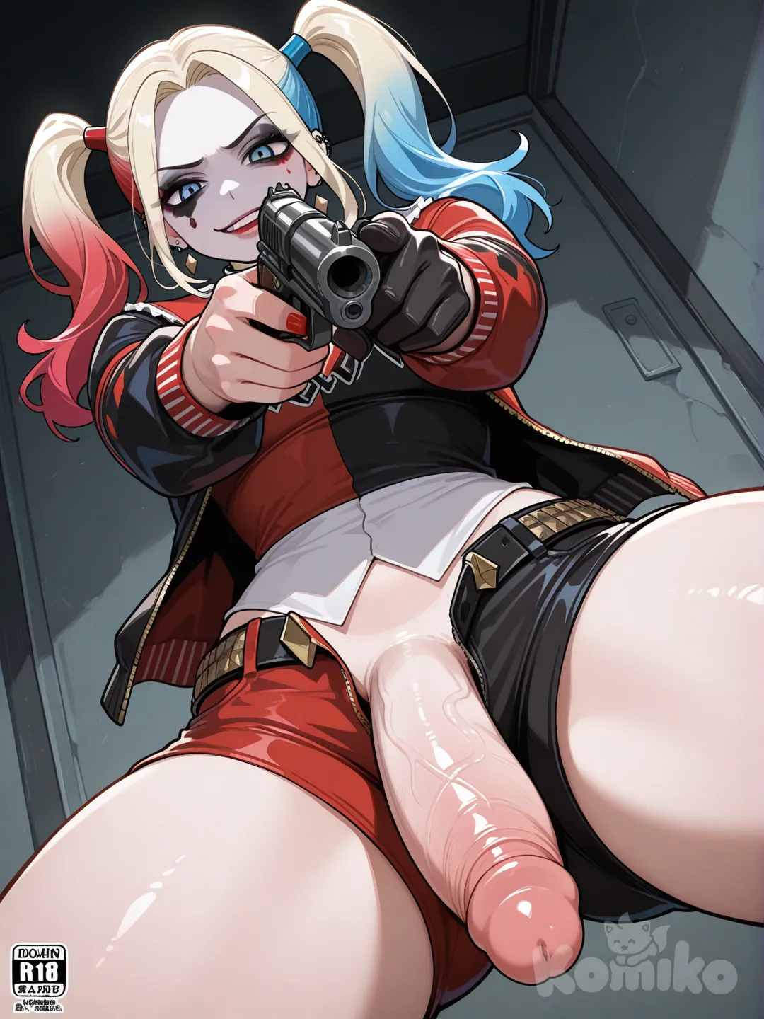 futanari, harley quinn, threatening with weapon, looking at viewer, taker pov, holding gun, from below, dutch angle, futanari, pistol on viewer, big penis, holding penis on left hand