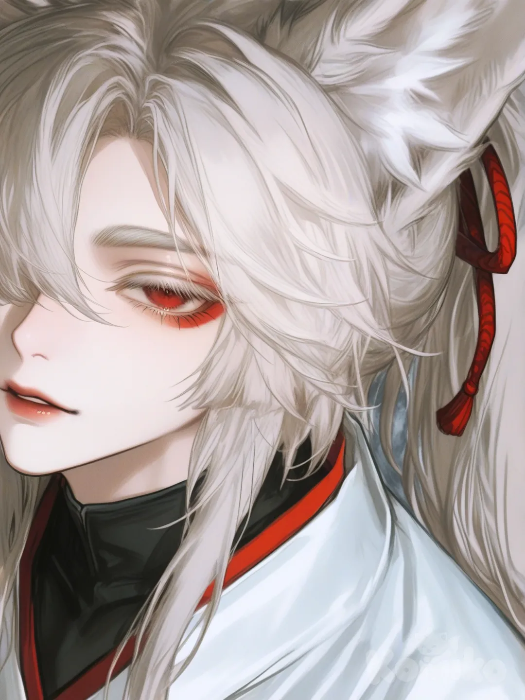 [semi-realistic-portrait-style], 1boy, [[TEEN]], with white hair with a very long ponytail and a fringe that is totally covering his right eye; ((white eyebrows and eyelashes)), the boy has crimson red eyes; ((red eyeliner)); he has white fluffy snow fox ears, and one white tail. very aesthetic, absurd, manga, niji style, hyper quality.