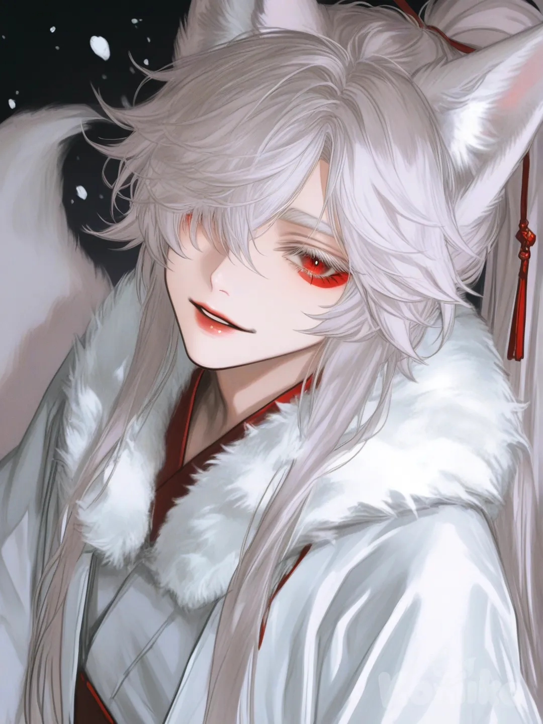 [semi-realistic-portrait-style], 1boy, [[TEEN]], with white hair with a very long ponytail and a fringe totally covering his right eye; ((white eyebrows and eyelashes)), the boy has crimson red eyes; ((red eyeliner)); he has white fluffy snow fox ears, and one white tail. very aesthetic, absurd, manga, niji style, hyper quality.