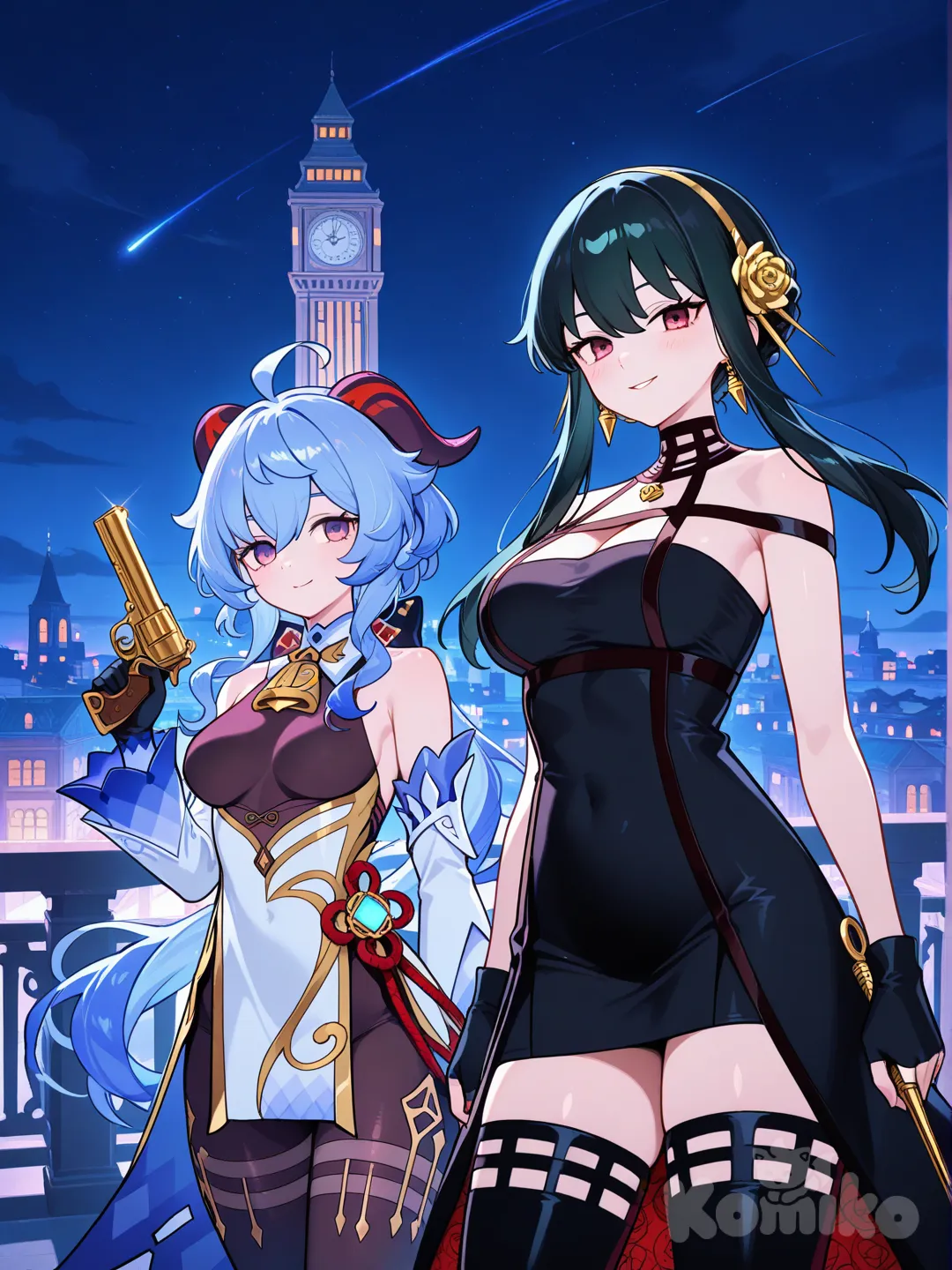 @Ganyu_(Genshin_Impact), @Yor_Briar, holding gun, smirk, cityscape, clock tower