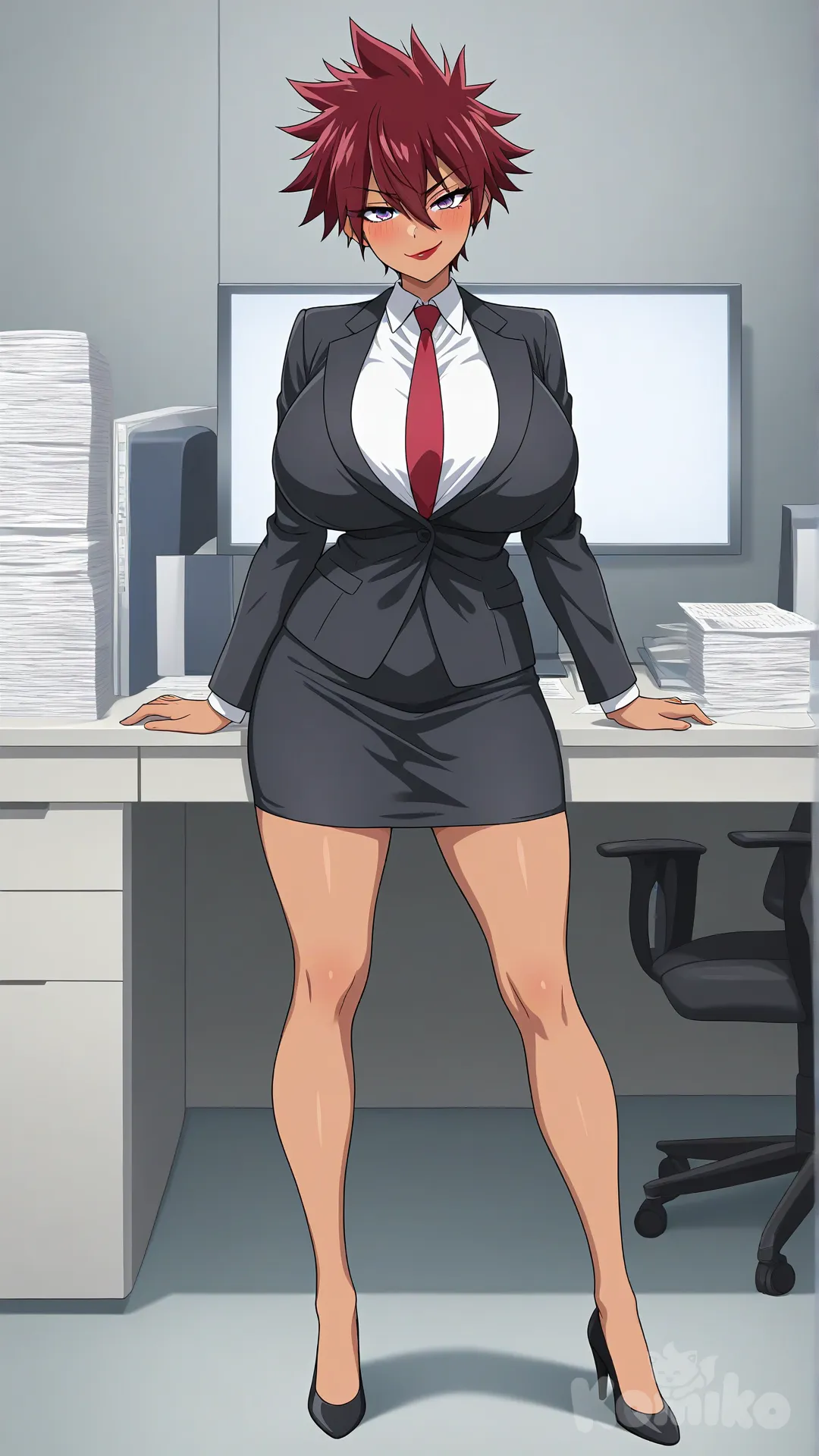1girl, solo, full body, dark skin, tomboy female, huge breasts, very short hair, (((dark-red hair))), spiked hair, spiky hair, bangs, hair between eyes, hair behind ear, hair behind neck, purple eyes, beautiful eyes, eyelashes, smug smile, smirking, blushing, makeup, red lipstick, black jacket, white shirt, collared shirt, red necktie, long sleeves, black pencil skirt, black highheels, indoors, office, office furniture, office decorations, perfect anatomy, [bright-anime-style]