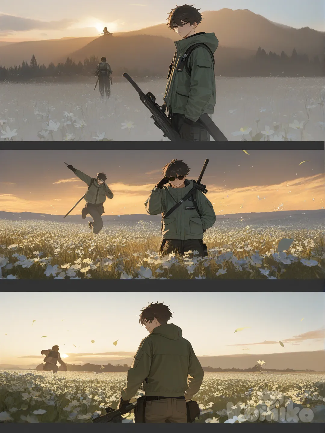 3 people, minimalist, 3d, sword, gun, looking back, wiping tears, back to back, angry, disappointed, evil smile, outdoor adventure jacket, cargo pants, studs, aviator sunglasses, spiky hair, medium long shot, ambient light, flower field, falling leaves, dynamic pose, dramatic, tense, emotional, scenic background, action scene