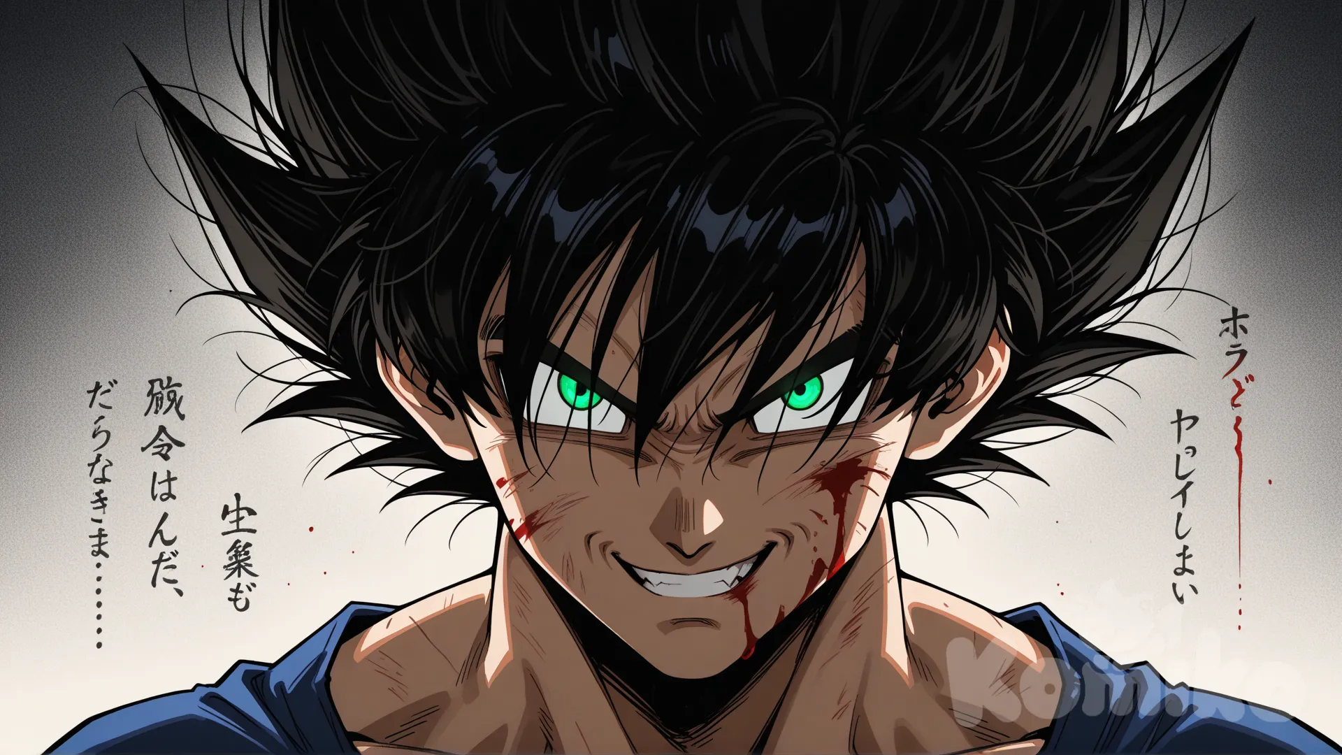 @Vegeta Dark, gritty anime illustration of a male character shown in a half-face composition, left side in deep shadow and right side fading into a textured white background. The character has messy dark hair covering part of his face, sharp glowing green eyes, and a faint sinister smirk with a small blood smear at the corner of his mouth. Heavy cross-hatching ink shading, high-contrast lighting, and a bleak, dramatic mood. The left half of the image is almost entirely black with sketch-like details on the face, while the right half is clean, pale, grainy, and minimalistic, divided by a vertical line. Subtle Japanese text scattered vertically around the background, giving a mysterious psychological-thriller vibe. Cinematic, manga-style shadows, extremely facial texture, thin sharp line art, moody atmosphere, ink-noir anime aesthetic.