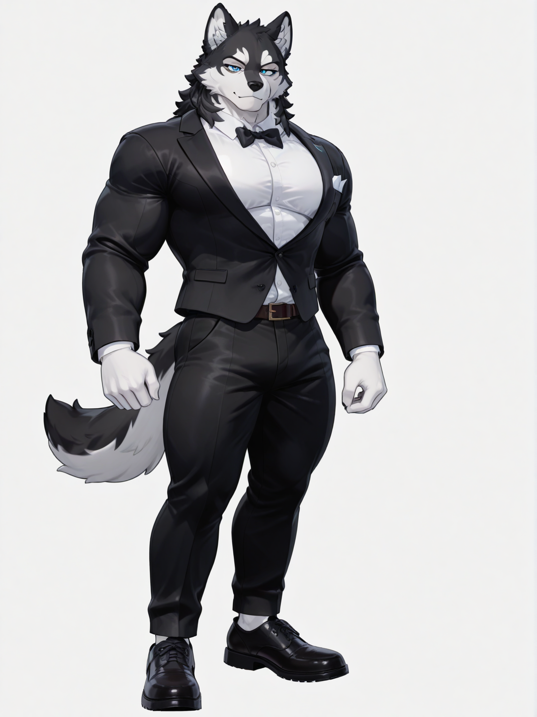 [3d-anime-style] 1boy, black_and_white_fur, husky_dog_furry, broad_shoulders, elegant, mysterious, mature, muscular, blue_eyes, single_character, full_body, looking_at_viewer, anime_style, simple_background, white_background