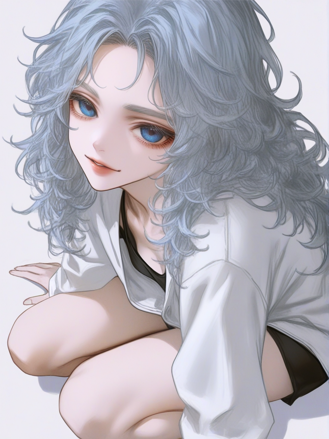 [semi-realistic-portrait-style] 1girl, angel, superhuman, teenager, athletic, petite, frizzy hair, curly hair, blue hair, white hair, blue eyes, anime coloring, marvel style, demon slayer style, single character, full body, looking at viewer, simple background, white background
