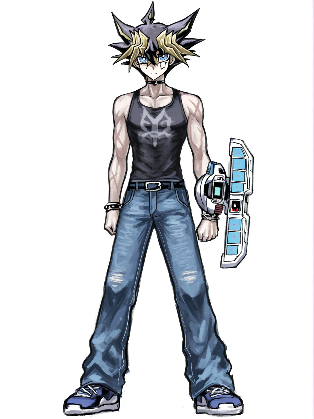 [sketchy-painterly-style] 1boy, yu-gi-oh!, black_hair, spiky_hair, monocolor_hair, blue_eyes, serious, fair_skin, scar, teenager, slim, muscular, black_tank_top, baggy_jeans, blue_jeans, duel_disk, single_character, full_body, looking_at_viewer, anime_style, simple_background, white_background
