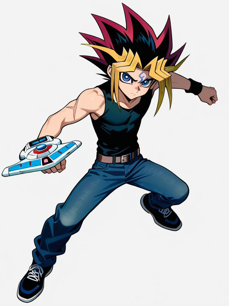 1boy, yu-gi-oh!, black_hair, spiky_hair, monocolor_hair, blue_eyes, serious, fair_skin, scar, teenager, slim, muscular, black_tank_top, baggy_jeans, blue_jeans, duel_disk, single_character, full_body, looking_at_viewer, anime_style, simple_background, white_background