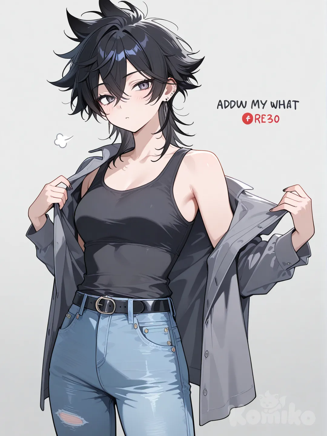Grey unbuttoned shirt, black tank top, jeans, black hair, spiked hair