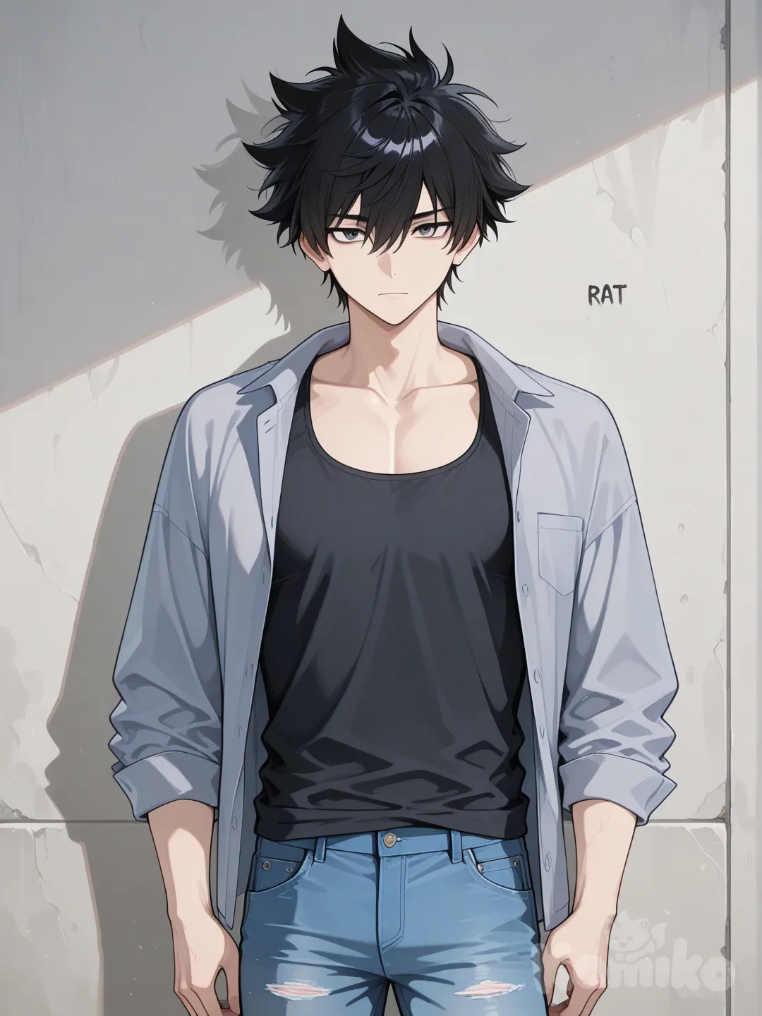 Grey unbuttoned shirt, black tank top, jeans, black hair, spiked hair, 1boy