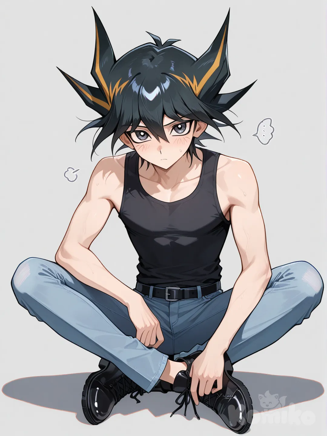 Grey unbuttoned shirt, black tank top, jeans, black hair, spiked hair, 1boy, Yu-Gi-Oh black hair