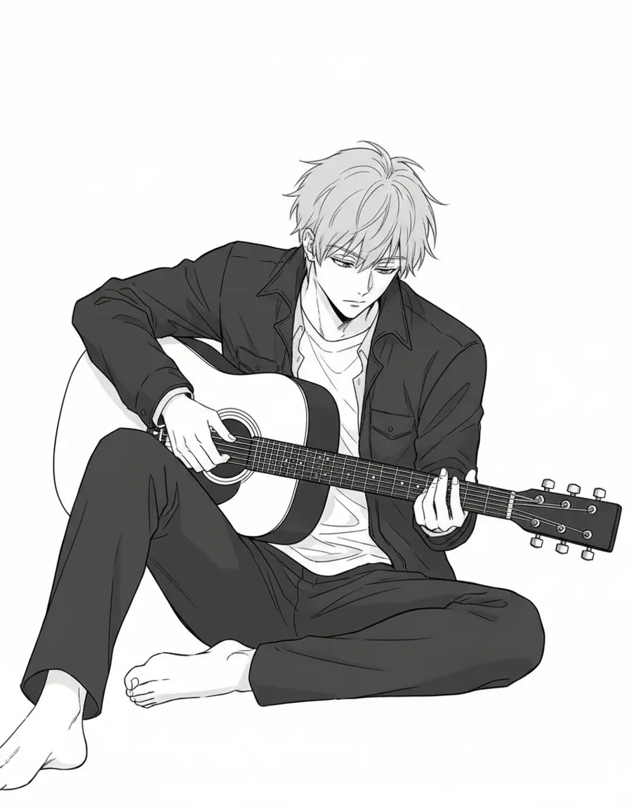 Personaje estilo anime tocando una guitarra acústica