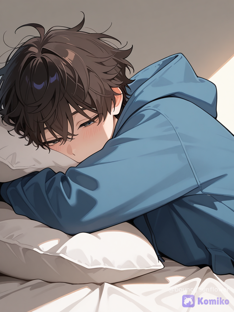 The pro player brawl stars,sitetampo,lying on his bed,on his stomach,camera face his face half hiding in the pillow with his arms in front,with loving tired eyes