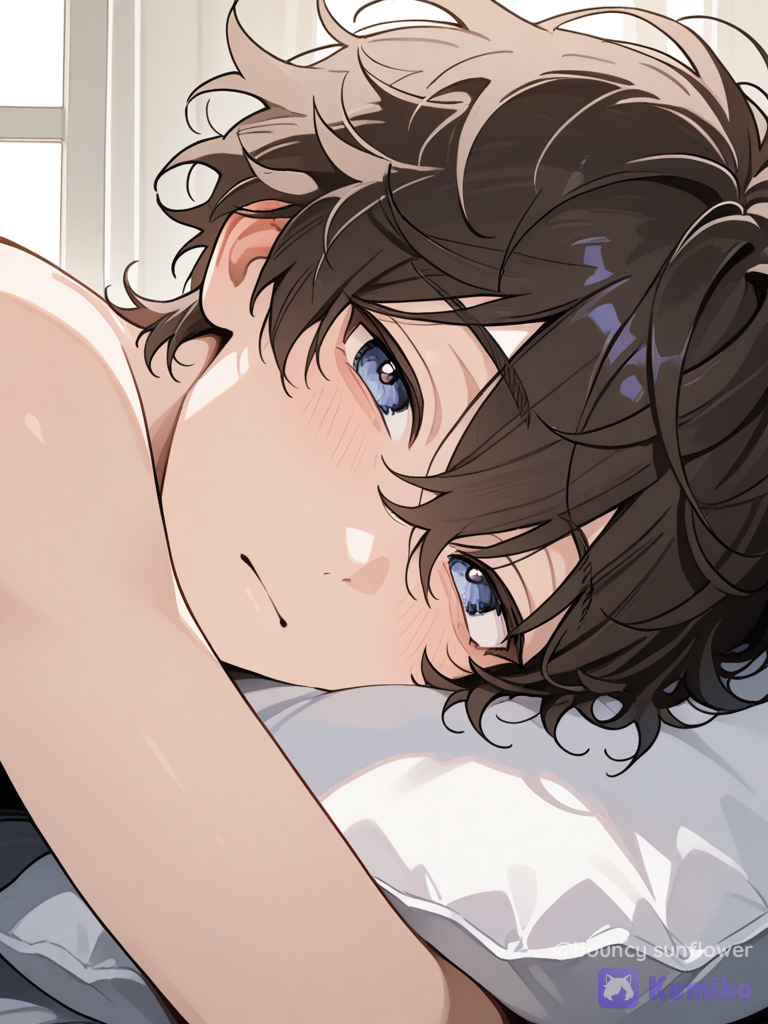 The pro player brawl stars,sitetampo,lying on his bed,on his stomach,camera face his face only,half hiding in the pillow with his arms in front,with loving tired nonchalant eyes