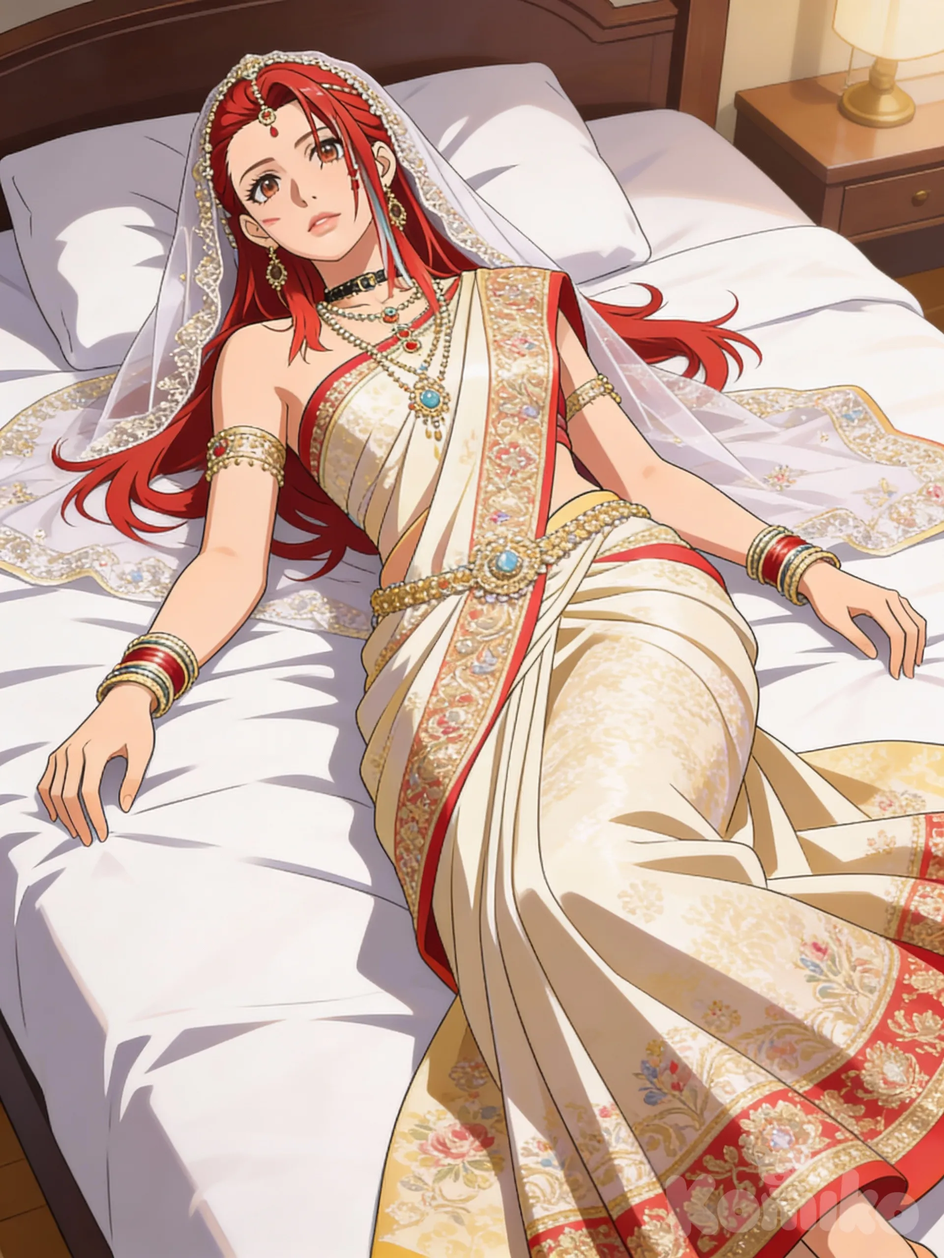 Tiedup the anime girl, in bridal saree,on the bed