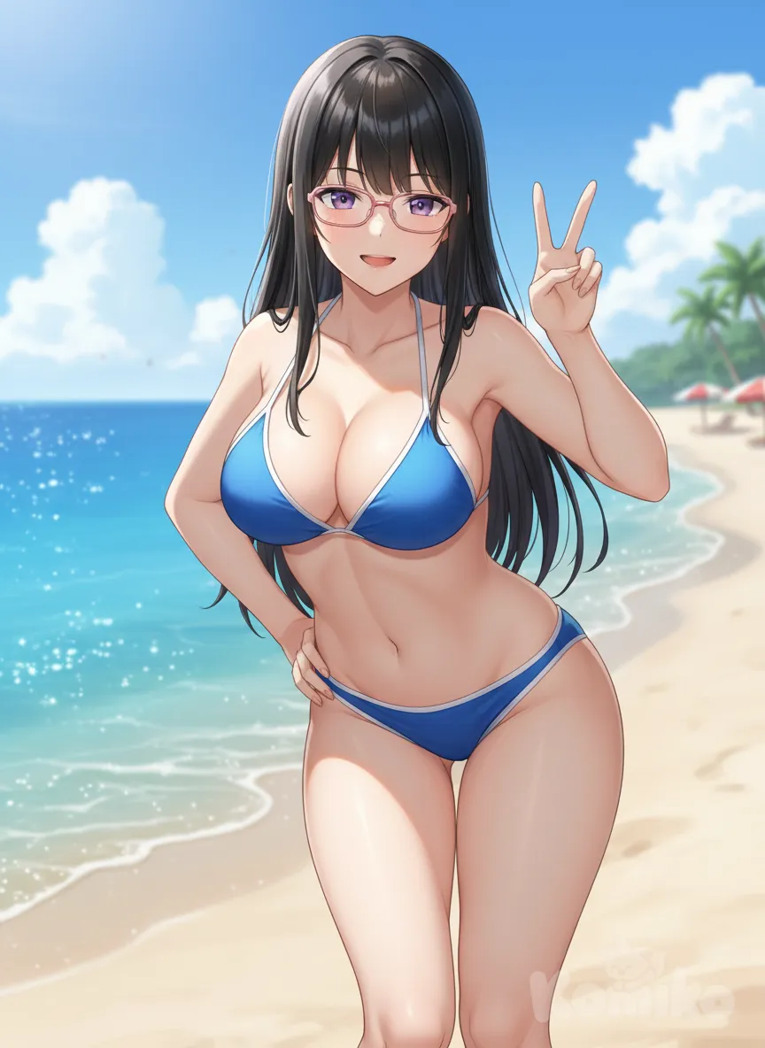 <anzu-aizawa-LEI7>, anime coloring, v sign, tiny bikini, full body, day, beach