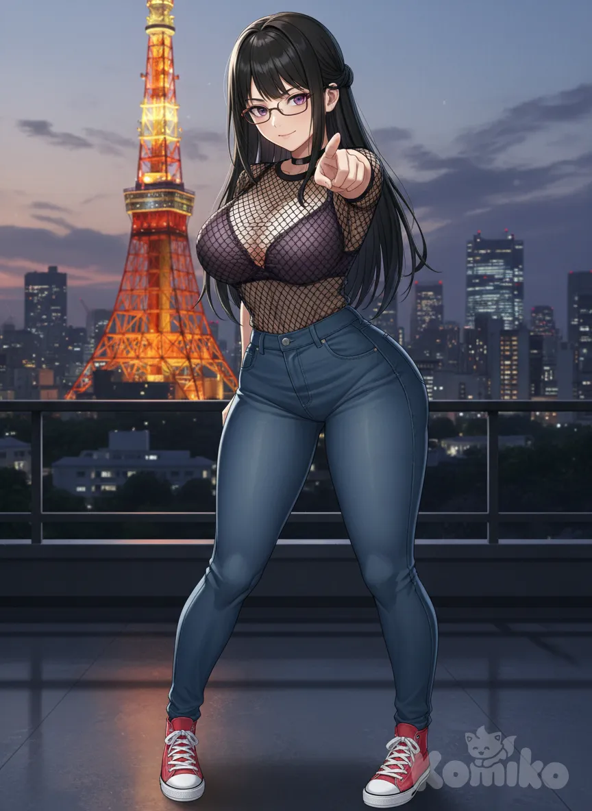 <anzu-aizawa-LEI7>, anime screencap, high-waisted tight jeans, short long sleeve fishnet shirt with tiny dark purple bra underneath, red all star sneakers, pointing at viewer, ultra-wide shot, cinematic lighting, Tokyo Tower