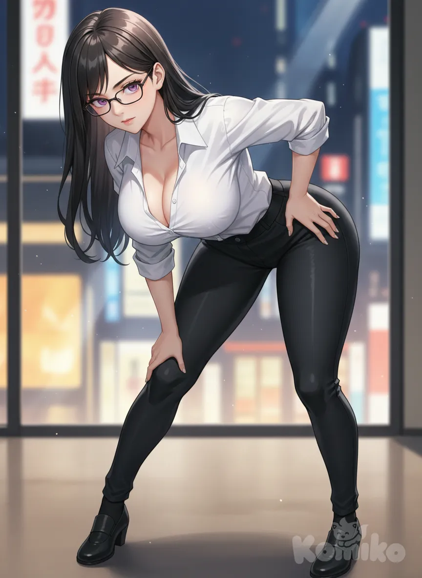 anime screencap, gainax pose, dress shirt open halfway down the chest, black tight pants, social shoes, <anzu-aizawa-LEI7>