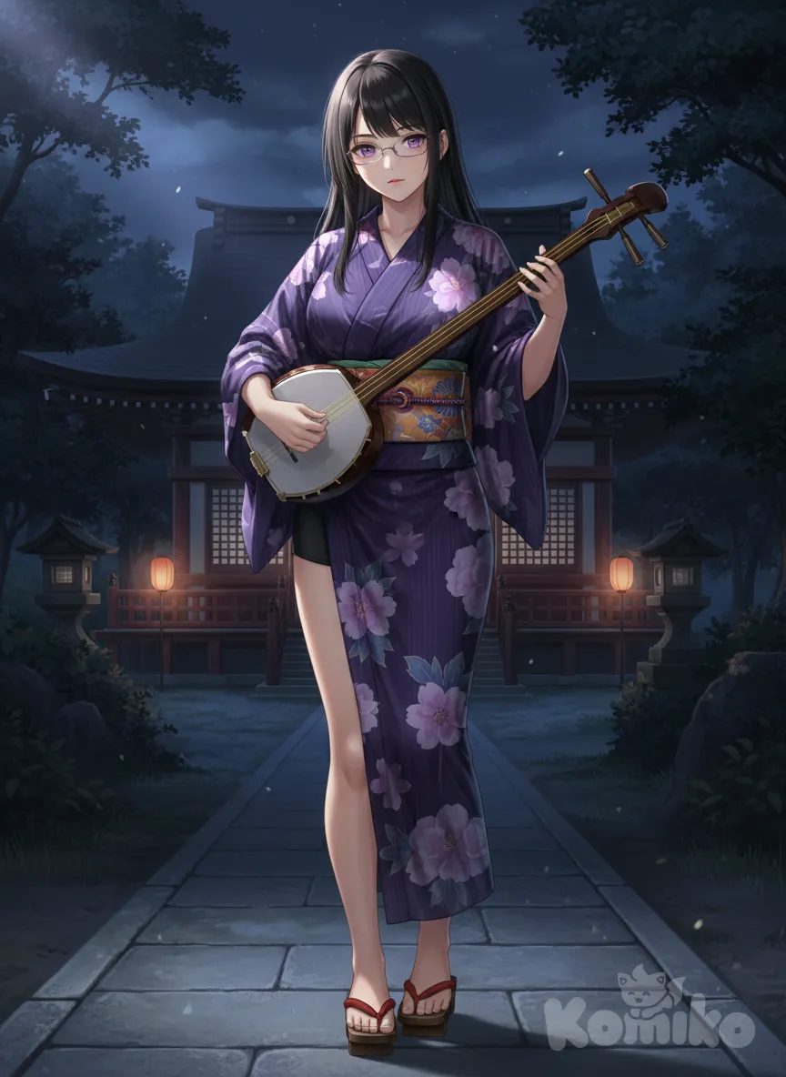 <anzu-aizawa-LEI7>, anime screencap, Short dark purple yukata with a large cleavage, geta, playing shamisen instrument, without glasses, full body, cinematic lighting, Japanese countryside at night with Shinto temple in the background