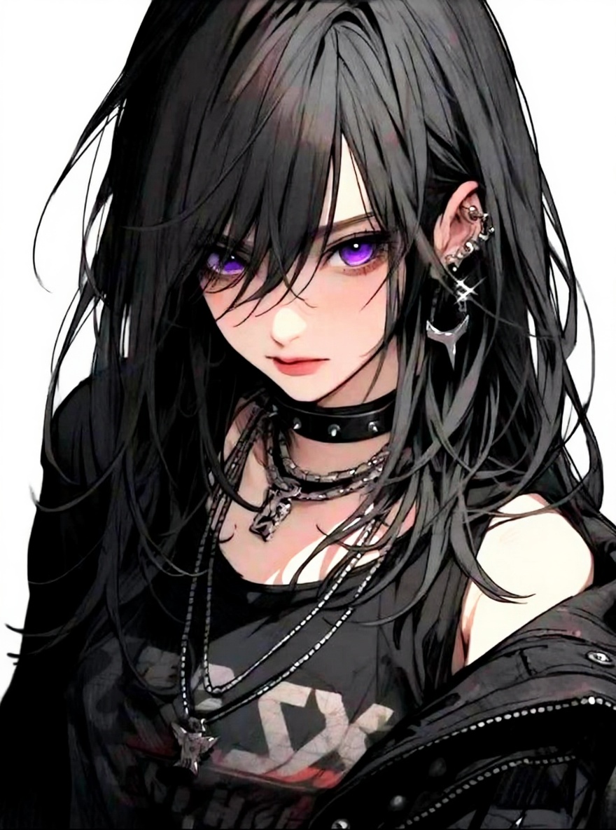 1girl, 25 years old, athletic, tall, slender, big boobs, thick thighs, narrow hips, long black hair, dark purple eyes, pale skin, single character, full body, looking at viewer, anime style, simple background, white background