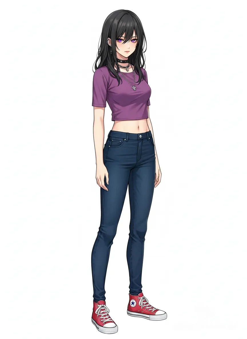 <anzu-aizawa-2-DzEj> purple tight crooped shirt, tight jeans, red all star sneakers, standing, looking at viewer, front profile photo, white background, anime style
