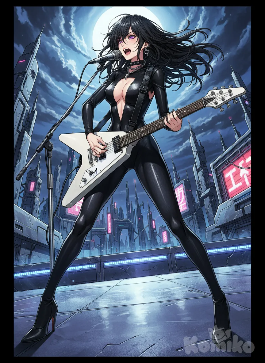 <anzu-aizawa-2-DzEj>, anime screencap, black bodysuit collant with open cleavage, high ankle boots with thin heels and pointed toes, singing and playing a flying V guitar, full body, cinematic lighting, metal hurlant style scenario, wind effect in the scene, hair fluttering in the wind, anime style