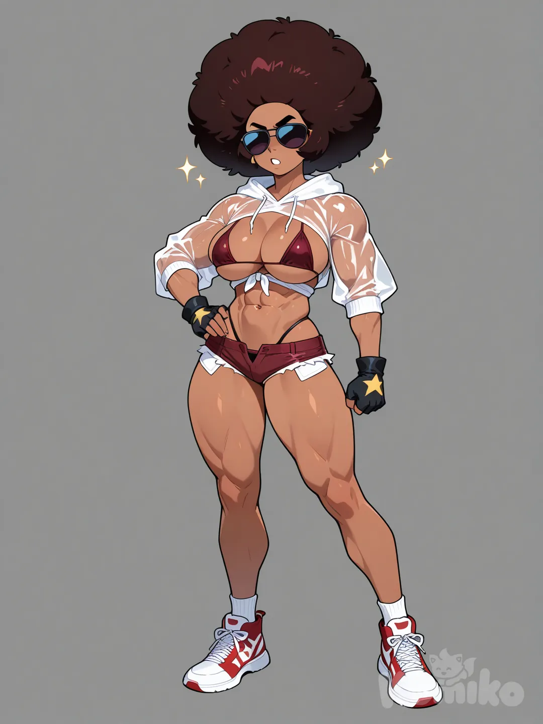 @garnet, Steven Universe, larger breasts, transparent micro dark red bikini top, deep cleavage, a black thong is visible, dark red micro shorts, stylish sneakers, black fingerless gloves with yellow stars on them, athletic physique, dark skin color, (((she has a square shaped afro))), large stylish dark shades, commentary request