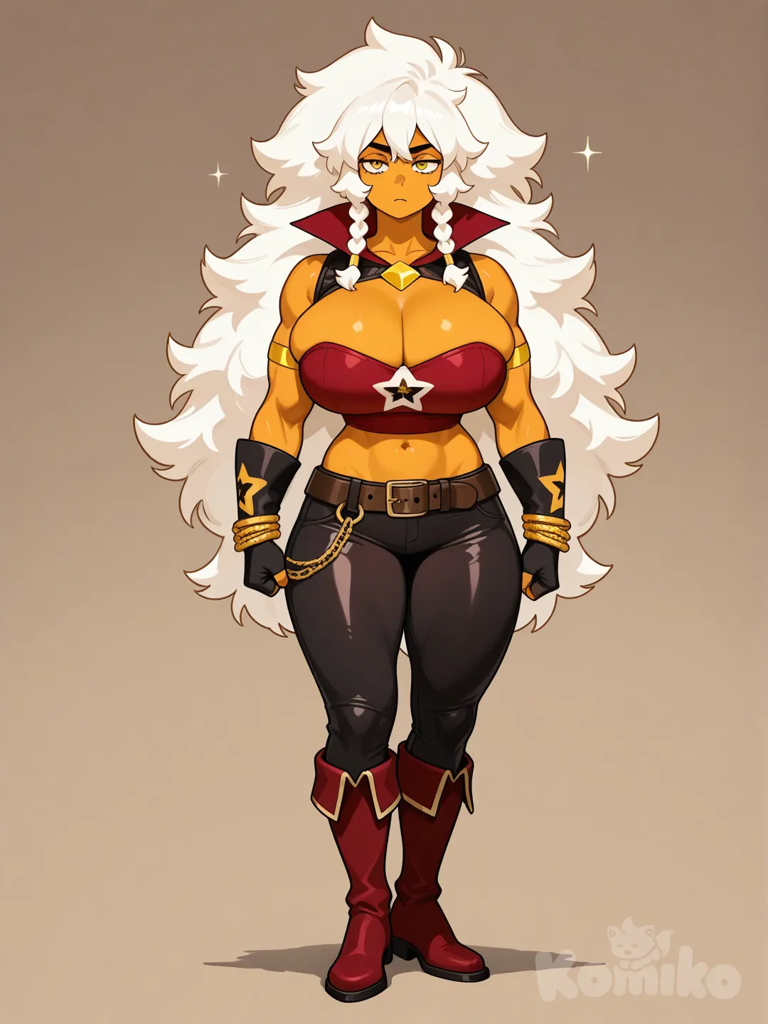 Jasper, (Steven Universe), Long White colored Fluffy hair, thick braid of hair on each side of her head, gravity defying breasts, deep cleavage, muscular tall body, standing facing forward, wide leather belts around her waist, (((sleeveless strapless micro tube top with a yellow diamond in the middle))), midriff is visible, tight lycra low cut pants, knee high pirate boots, light orange skin color, yellow eyes, (((dark red themed clothing))), fingerless gloves, chains wrapped around her forearms