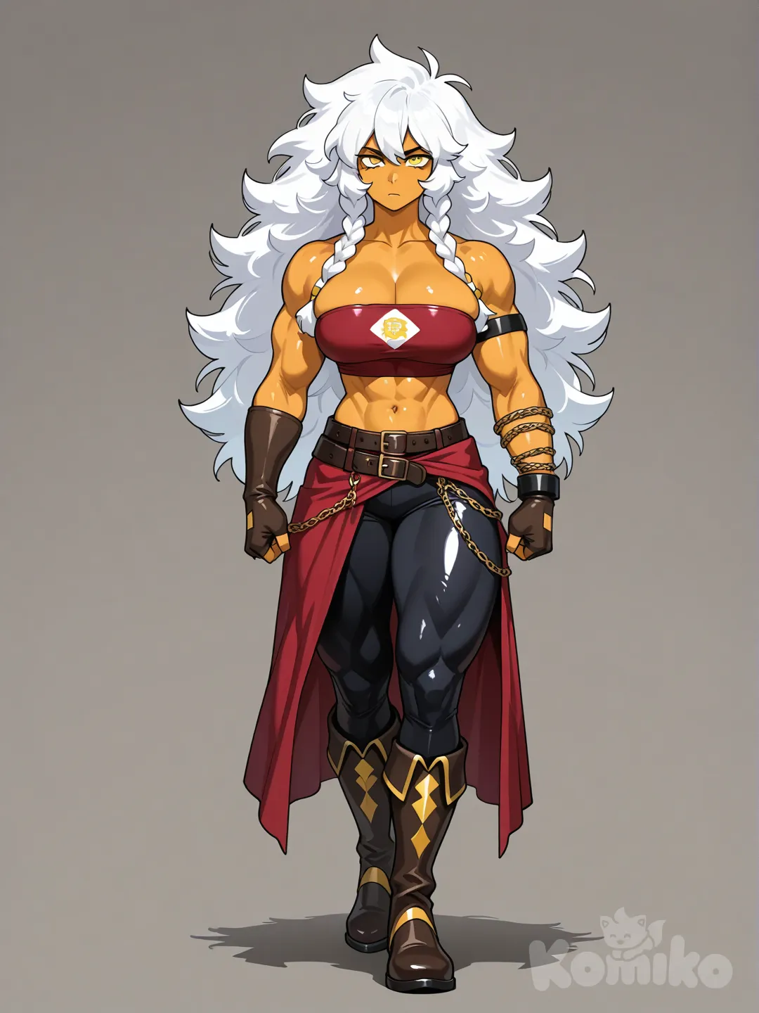 Jasper, (Steven Universe), Long White colored Fluffy hair, (((thick braid of hair on each side of her head))), breasts, deep cleavage, muscular tall body, standing facing forward, wide leather belts around her waist, (((sleeveless strapless micro tube top with a yellow diamond in the middle))), midriff is visible, tight lycra low cut pants, knee high pirate boots, light orange skin color, yellow eyes, (((dark red themed clothing))), fingerless gloves, chains wrapped around her forearms, she wears a sarong wrap around her waist