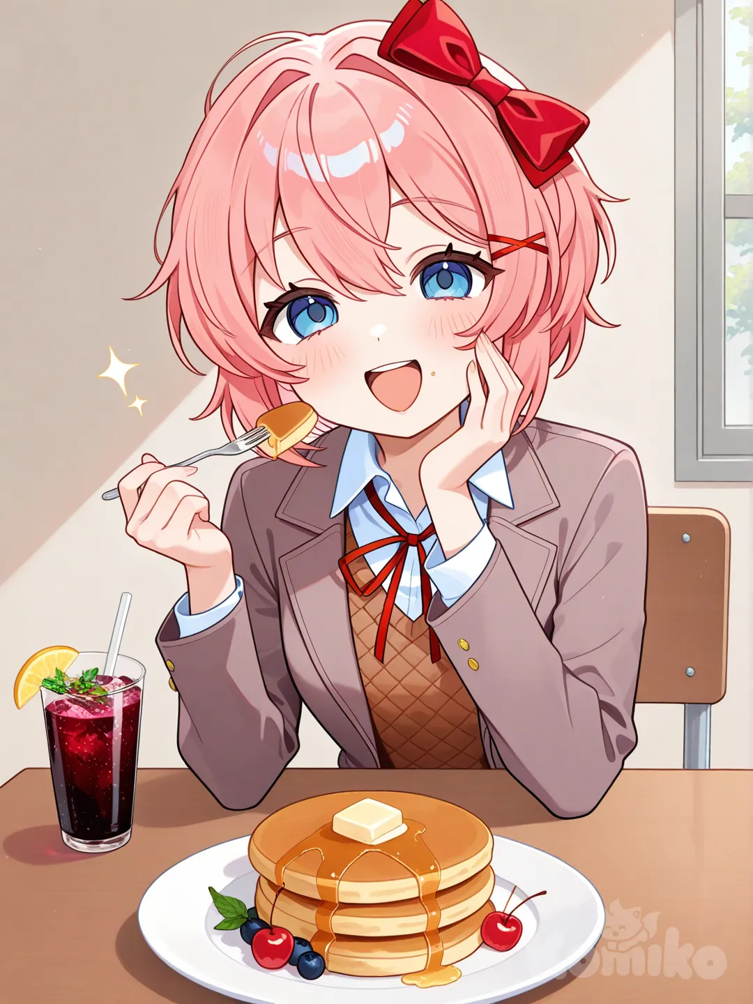 sayori (doki doki literature club) eat soda cherry and pancake