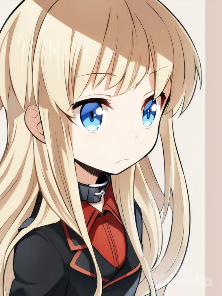 1girl, young anime character, late teens or early twenties, average height, stylized facial features, large expressive blue eyes, small straight nose, firm mouth, rounded face, long flowing light blonde hair, layered around shoulders, smooth texture, fair skin, slender physique, wearing black military-style uniform, red details on collar and edges, red collared shirt underneath, short red skirt, knee-high socks, sandals, radio-style headphones, serious intense expression, slight frown, standing facing viewer, body leaning forward, focused posture, formal military style, stylized anime design, exaggerated features, single character, full body, looking at viewer, anime style, simple background, white background