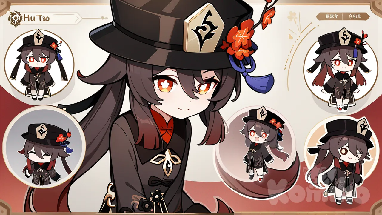 chibi, character sheet , Hu Tao (Genshin Impact) , full body, All around view