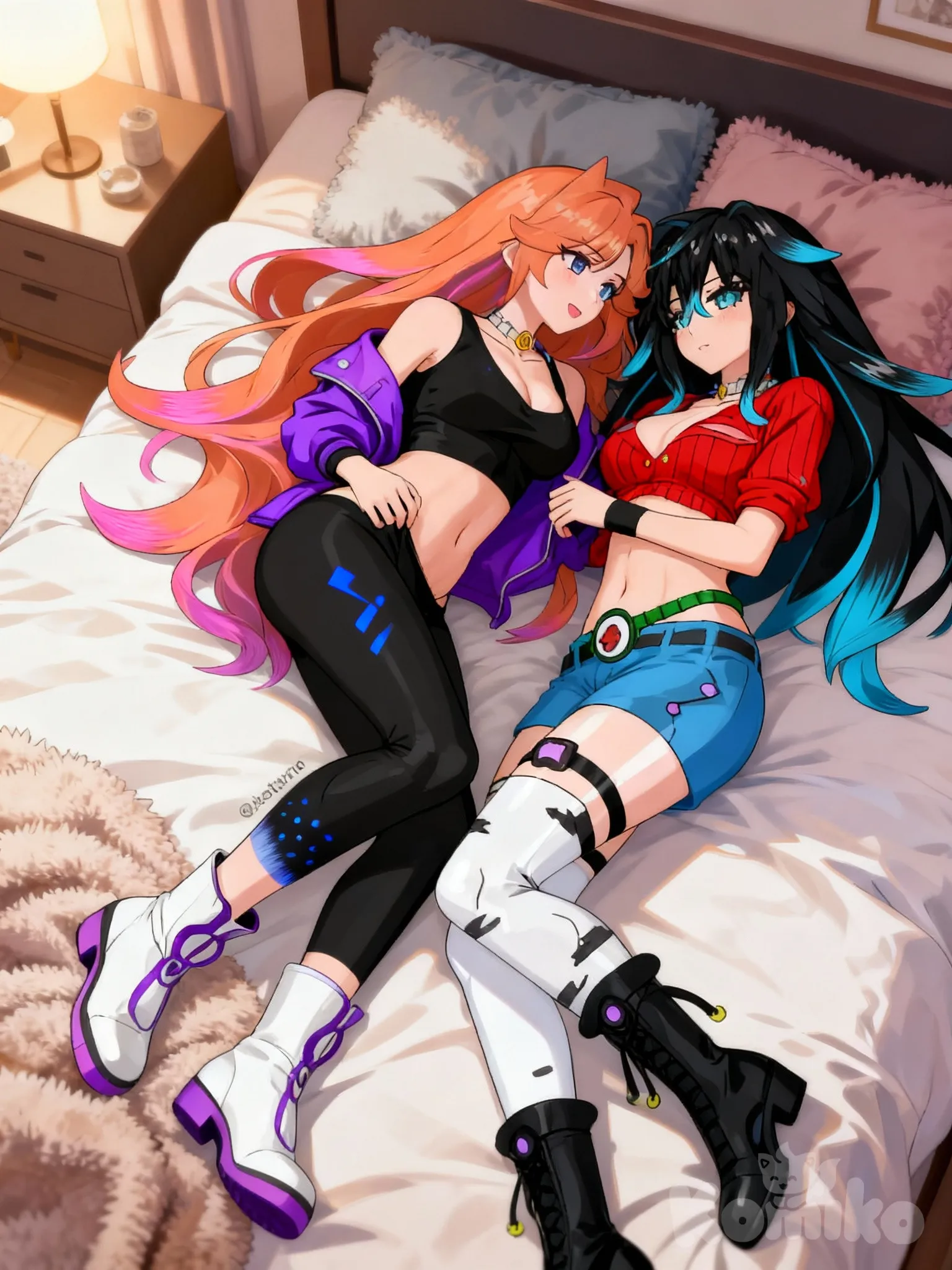NSFW,@yanfei-lu-jBvY, Yuudachi_Vell's , 2girls, lying, bedroom, undressing
