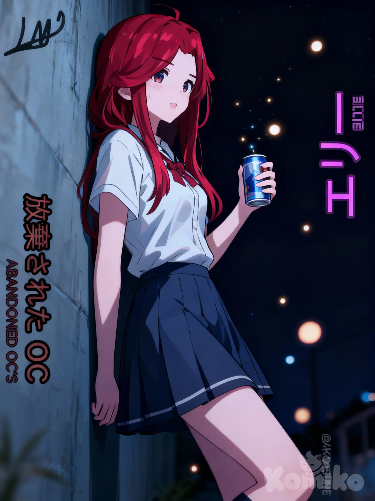 Ellie, drink can, against wall, summer uniform, night, light particles