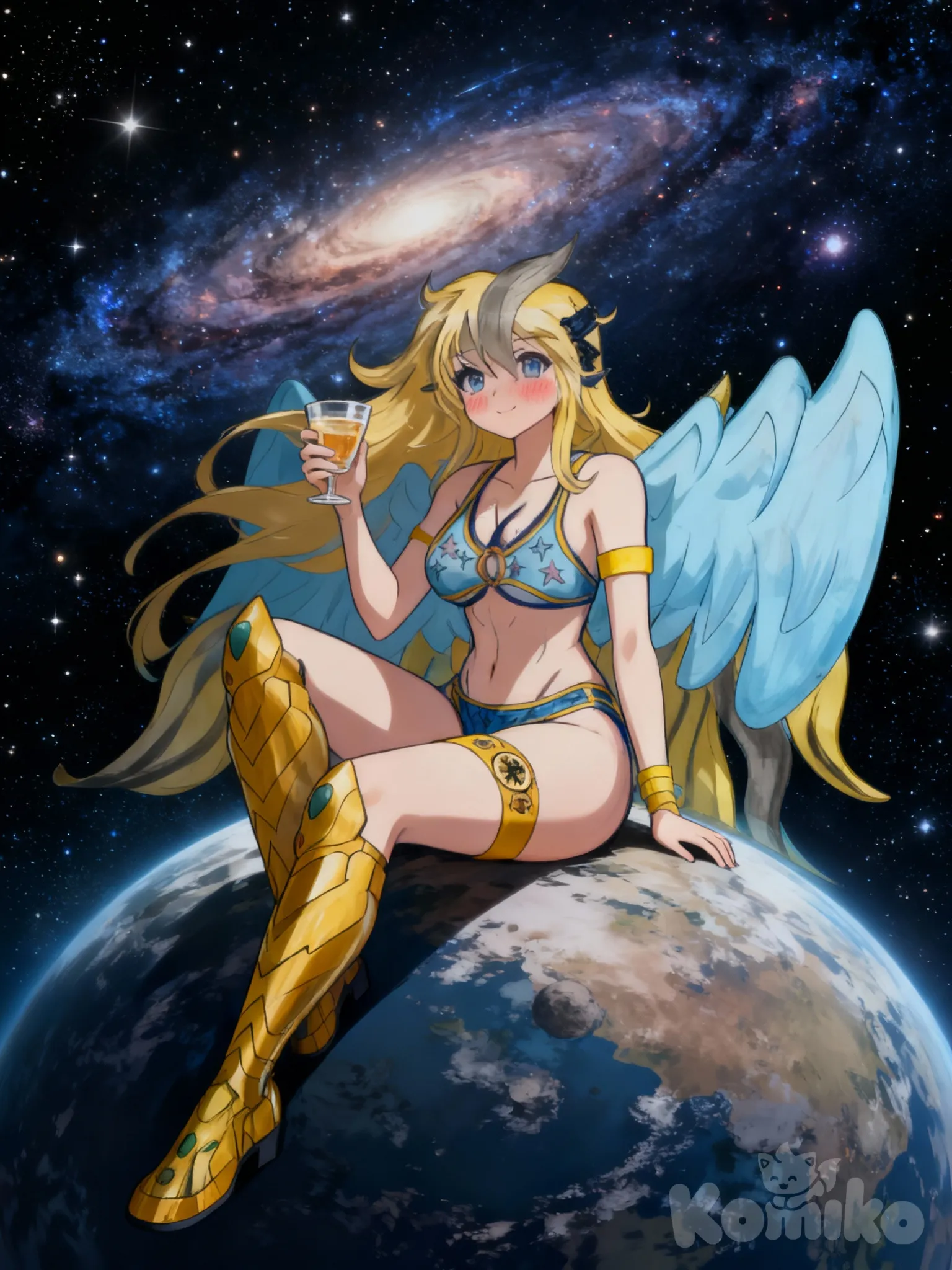 Sena.K, "La diosa despreocupada" tomando un refresco encima de un planeta