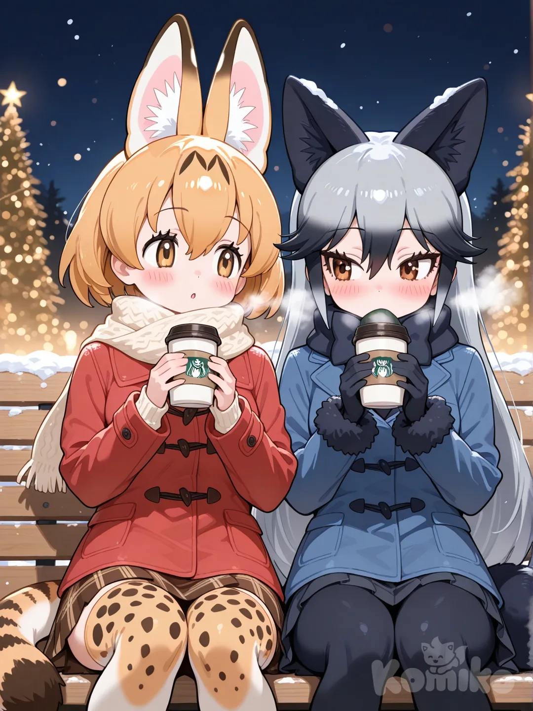 @Serval_(Kemono_Friends) , silver fox (kemono friends), winter clothes, In park, sitting, sitting on lap, talking, looking at another, blush, drinking coffe, winter, christmas, christmas lights, primer plano, camera positioned from up to bottom