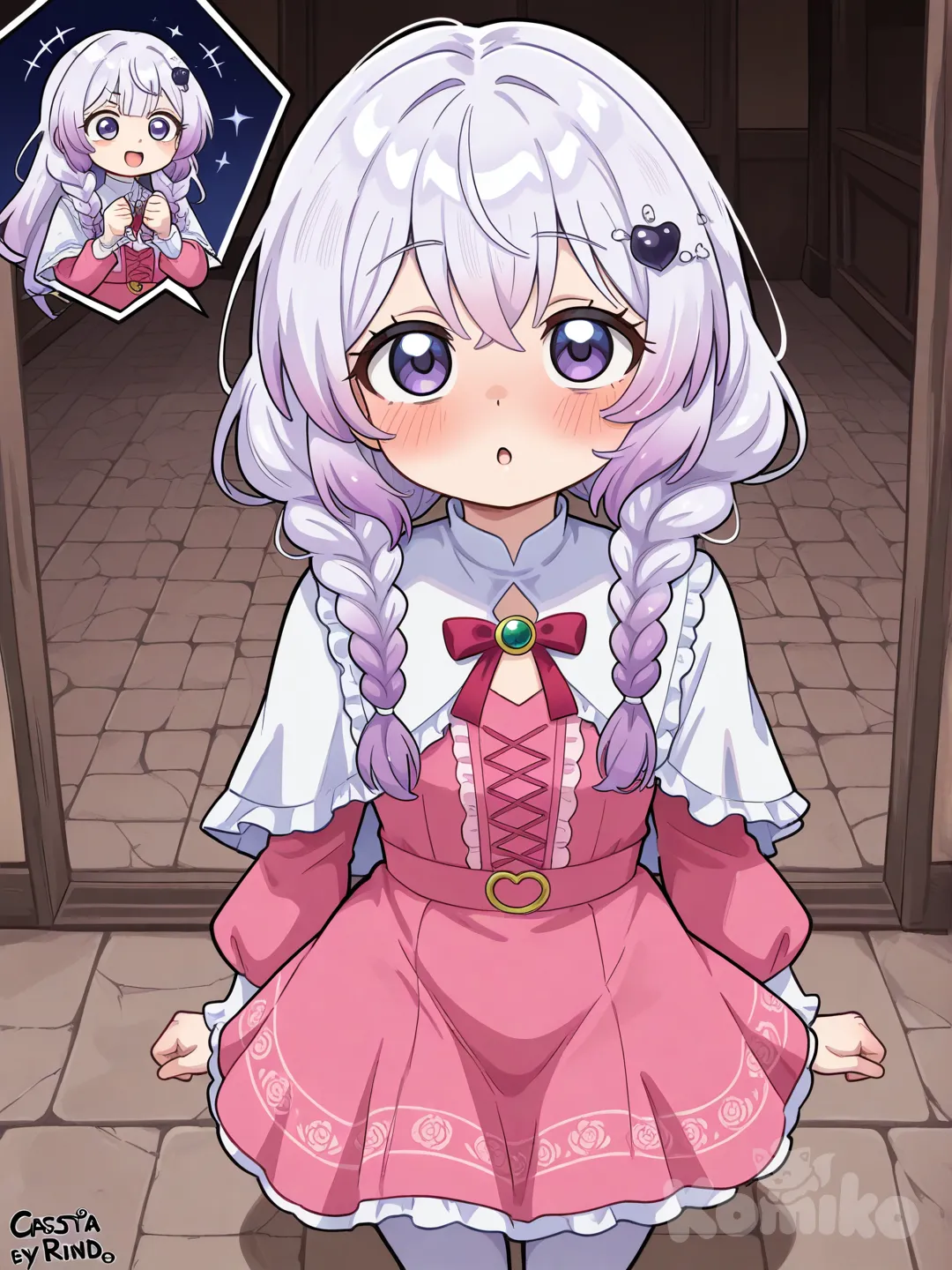 Anya forger dizfrazada de lobo intentando asustar a kanna kamui la cual tiene disfraz de caperucita roja de rodillas viendo una flor, profesora castaña riendo y grabando instituto