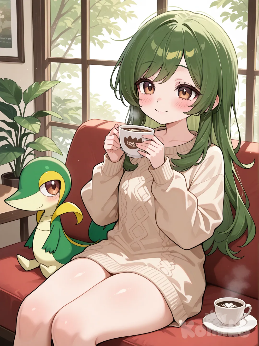 Snivy tomando cafe en el regazo de niña sonriente