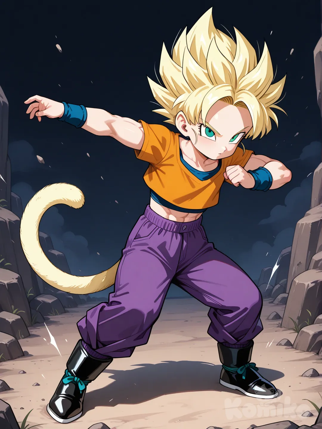 Minha oc para dragonball GT , Gorin menina 11 anos cabelo preto liso curto usa , uma camisa gi laranja escuro , uma calsa gi roxa roxo , e possui calda de Sayajin corpo forte sapato preto, guerreira guerreira, se transformou em super Sayajin cabelos dourados espetados olhos verdes lembrando que ela é uma criança