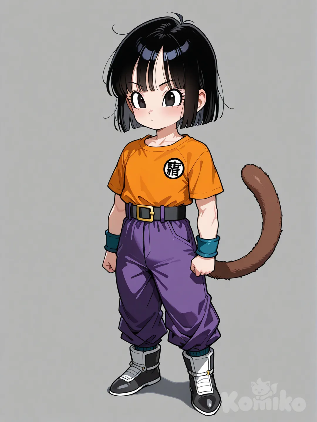 Minha oc para dragonball GT , Gorin menina 11 anos cabelo preto liso curto usa , uma camisa gi laranja escuro , uma calsa gi roxa roxo , e possui calda de Sayajin corpo forte sapato preto, guerreira guerreira
